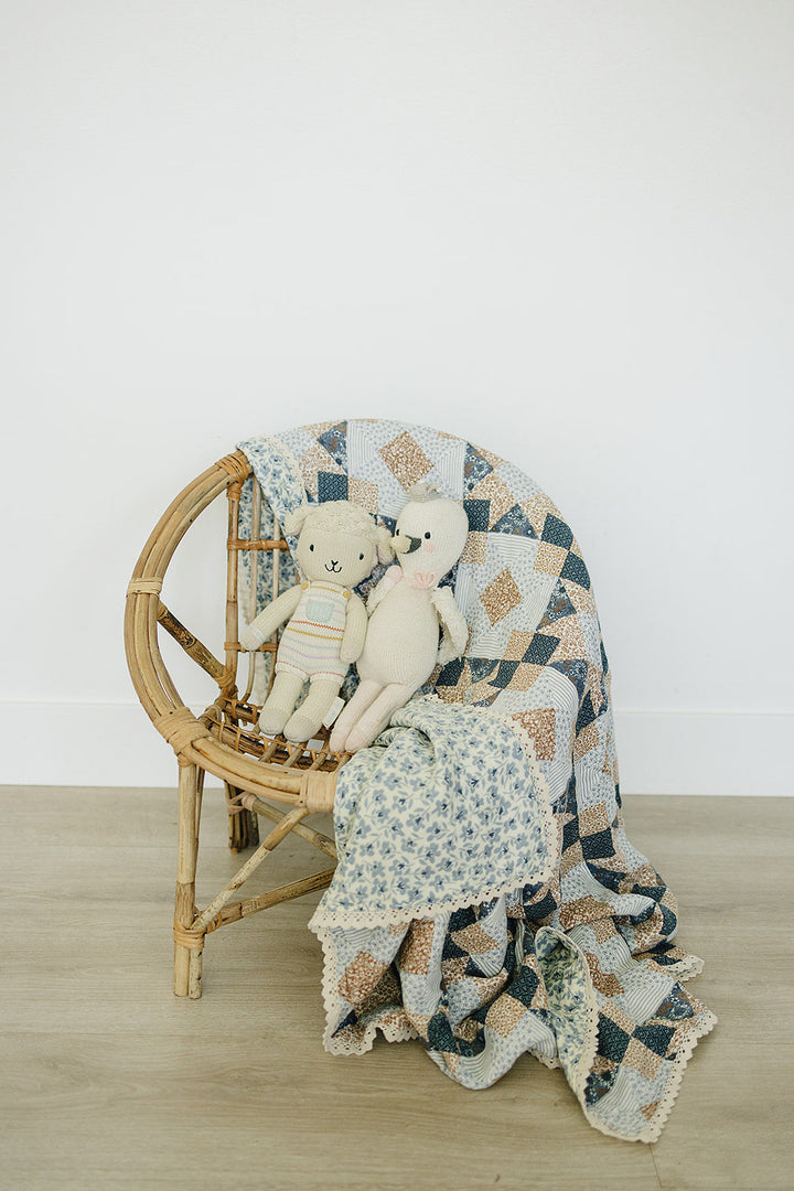 Patchwork Print + Blue Blossom Lace Muslin Quilt
