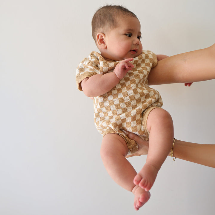 Knit Romper | Latte Check